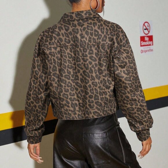 Multicolor Casual Women's Long Sleeve Leopard Print Washed Denim Jacket - Picture 2 of 6